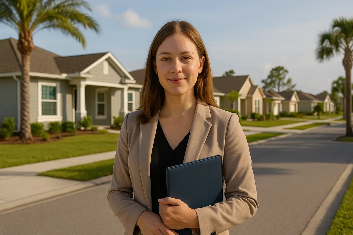 Real estate agent standing outside a home in DeBary, Florida, holding a tablet and smiling. A 'For Sale' sign is visible in the yard, with palm trees and a sunny neighborhood in the background.