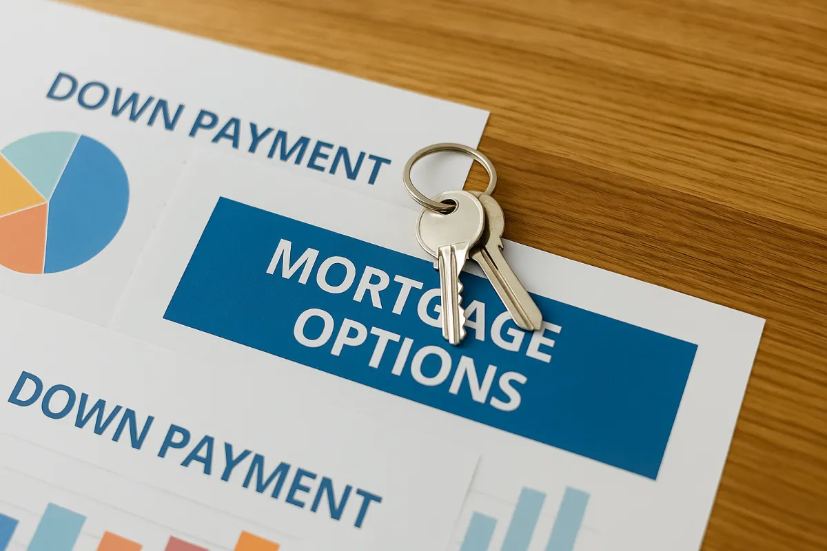 A pair of silver house keys on a keyring rests on top of financial documents labeled “Mortgage Options” and “Down Payment,” featuring colorful charts and graphs. The scene is set on a wooden table with soft, natural lighting, suggesting home loan planning.
