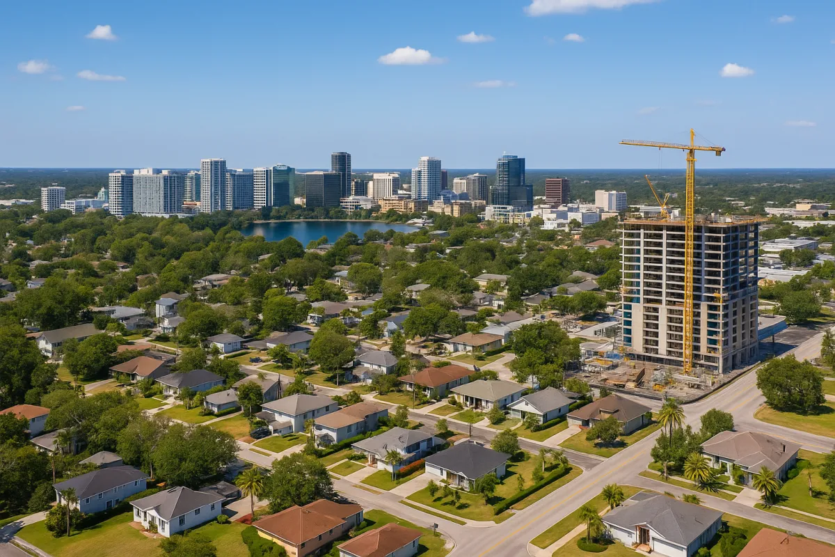 Aerial view of downtown Orlando in 2025 showing high-rise buildings near a lake, suburban neighborhoods with single-family homes, and a large construction site with a yellow crane. The scene is bathed in bright Florida sunlight with clear blue skies and scattered clouds.