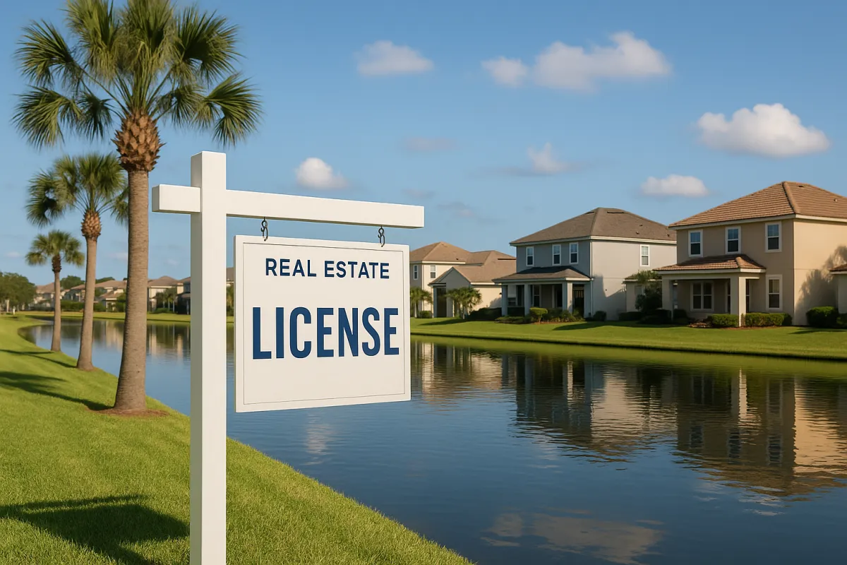 A new real estate agent in Florida smiling confidently in front of a suburban home with a "For Sale" sign. Palm trees and modern houses line the street, representing the Lake Nona, St. Cloud, and Orlando area.