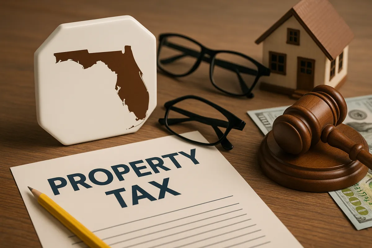 Florida homebuyers reviewing property tax documents at a kitchen table with a calculator and laptop, symbolizing tax planning and homeownership in Florida.