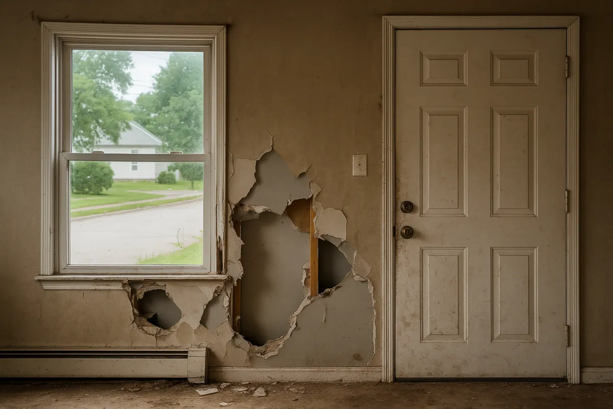 Florida landlord reviewing rental property damage with clipboard in hand, inspecting a broken window inside a residential home.
