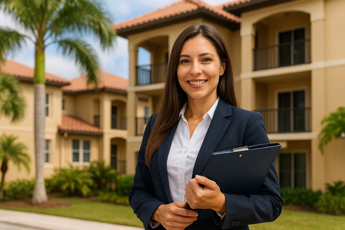 Smiling real estate agent standing in front of a Florida home with a “For Sale” sign, holding a clipboard and welcoming a young couple on a sunny day.