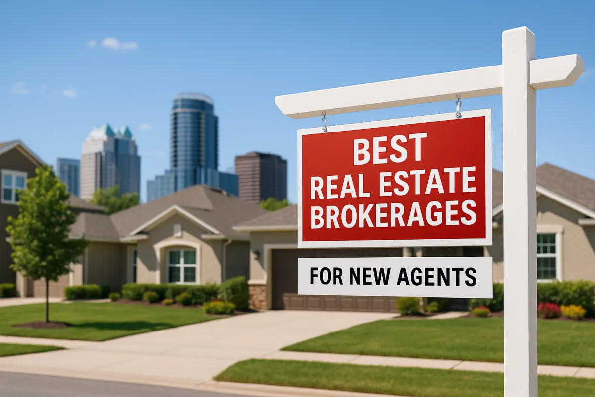 New real estate agent in Central Florida standing confidently outside a home with a 'For Sale' sign, symbolizing career growth and support from a local brokerage.