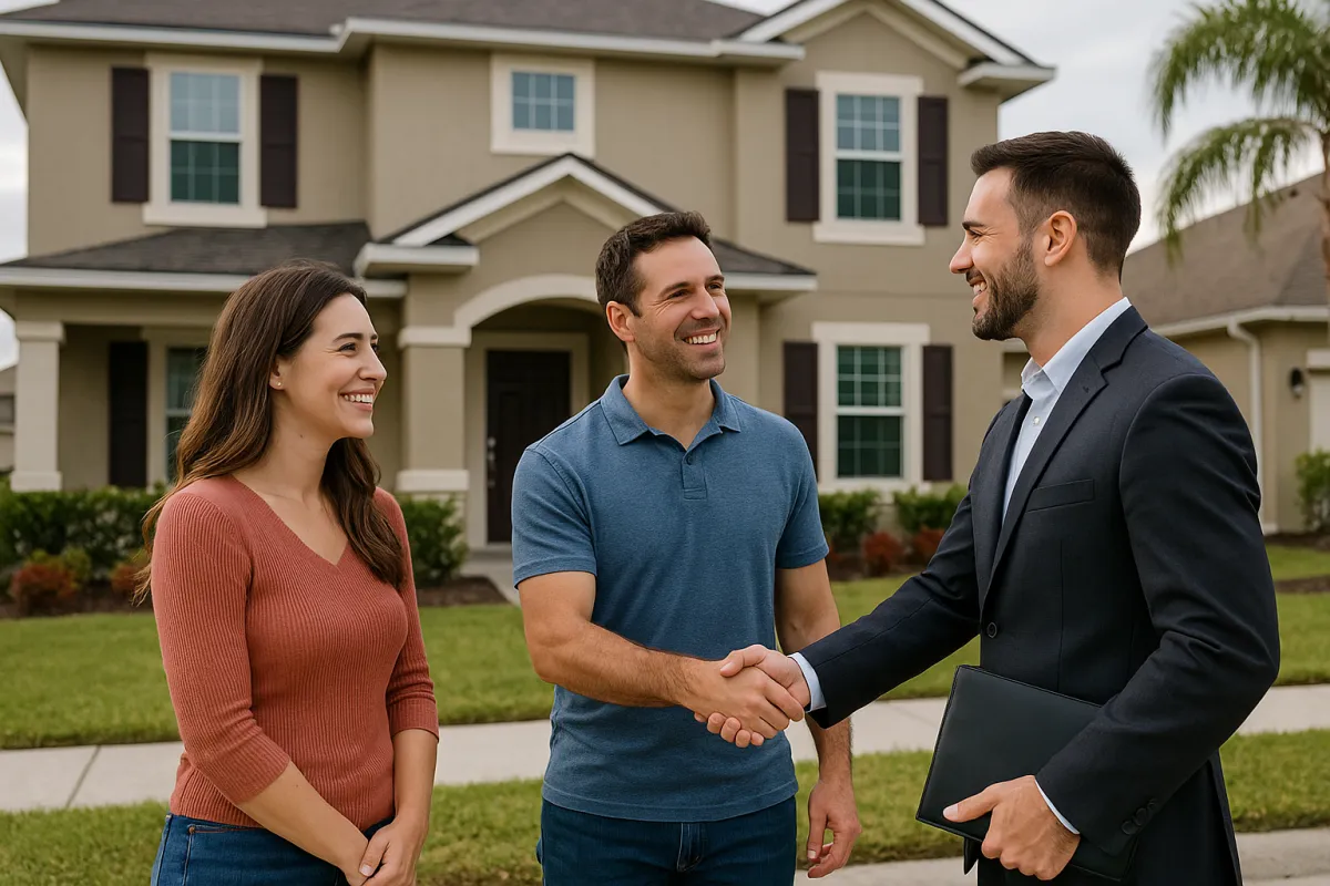 A new real estate agent in Central Florida smiling confidently while holding a “Sold” sign in front of a home, representing the decision between joining a real estate team or going solo.