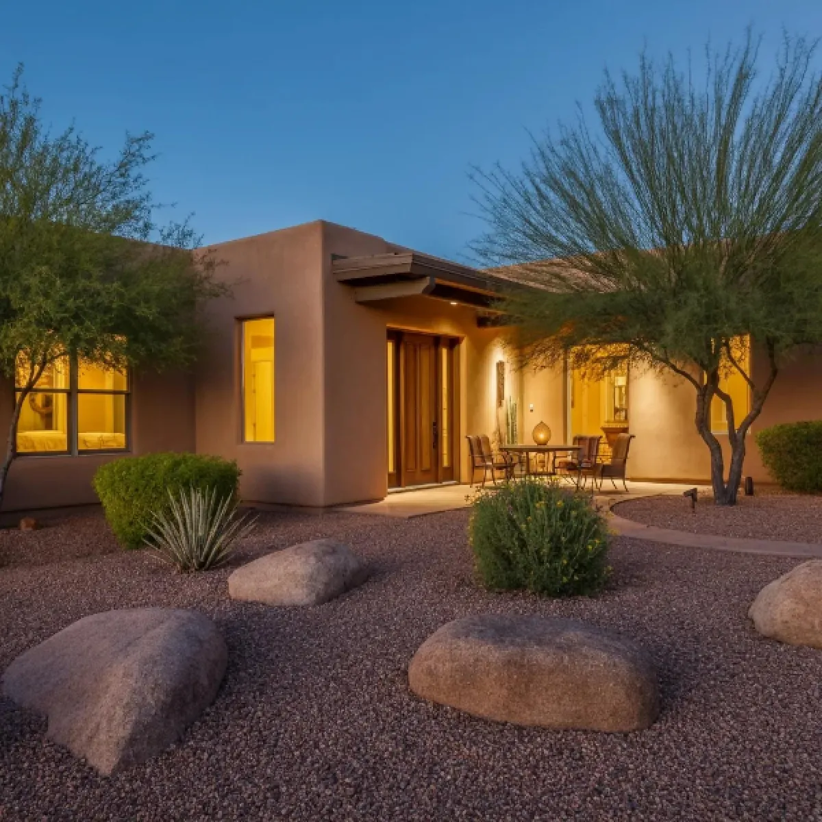 Single-story Tucson home surrounded by cacti and desert landscaping, perfect for part-time living.