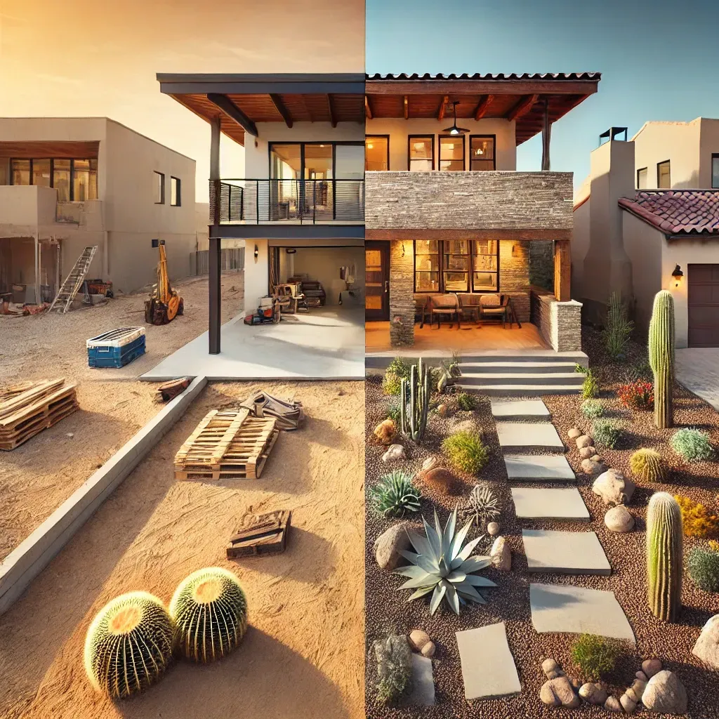 Comparison of a new build single-story home under construction with minimal desert landscaping and a fully updated resale single-story home in Tucson, AZ, featuring mature desert plants and Southwest architectural charm.