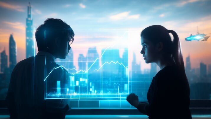 A young couple, style of cinematic photography, anxiously looking at a holographic projection of a rising graph representing house prices, displayed on a sleek, transparent screen
