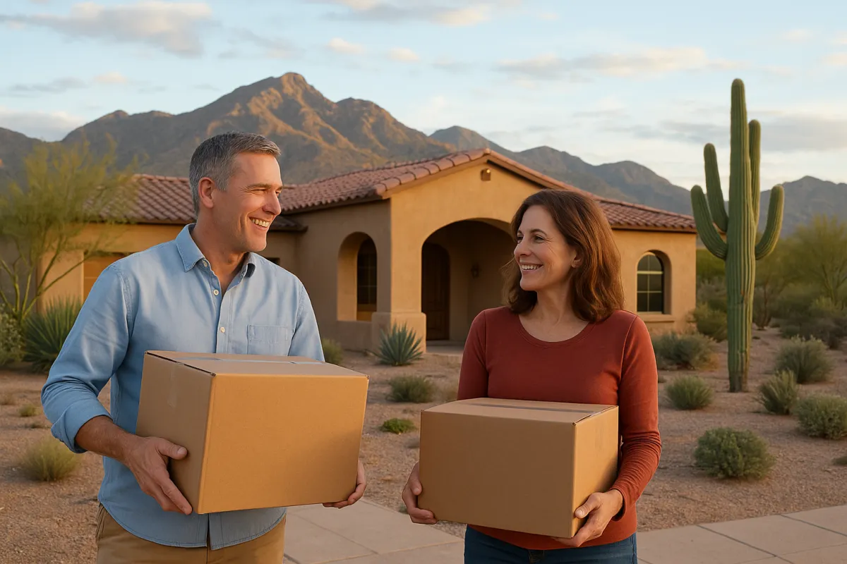 A smiling middle-aged couple holding moving boxes outside a Southwestern-style home in Arizona, with desert landscaping, mountains, and a tall saguaro cactus in the background.