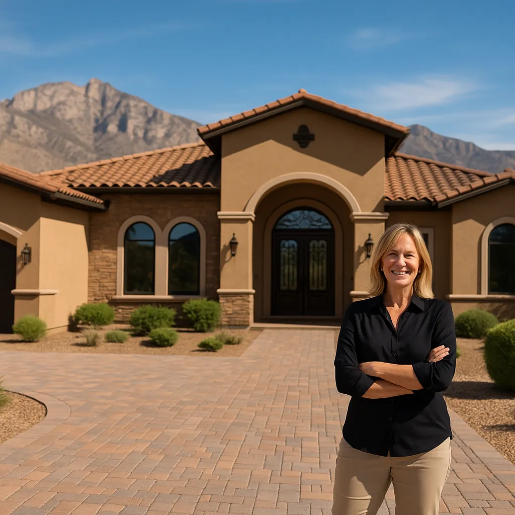 A confident woman standing in front of a Mediterranean-style luxury home in Oro Valley, Arizona, with Catalina Mountains in the background and vibrant desert landscaping under clear blue skies.