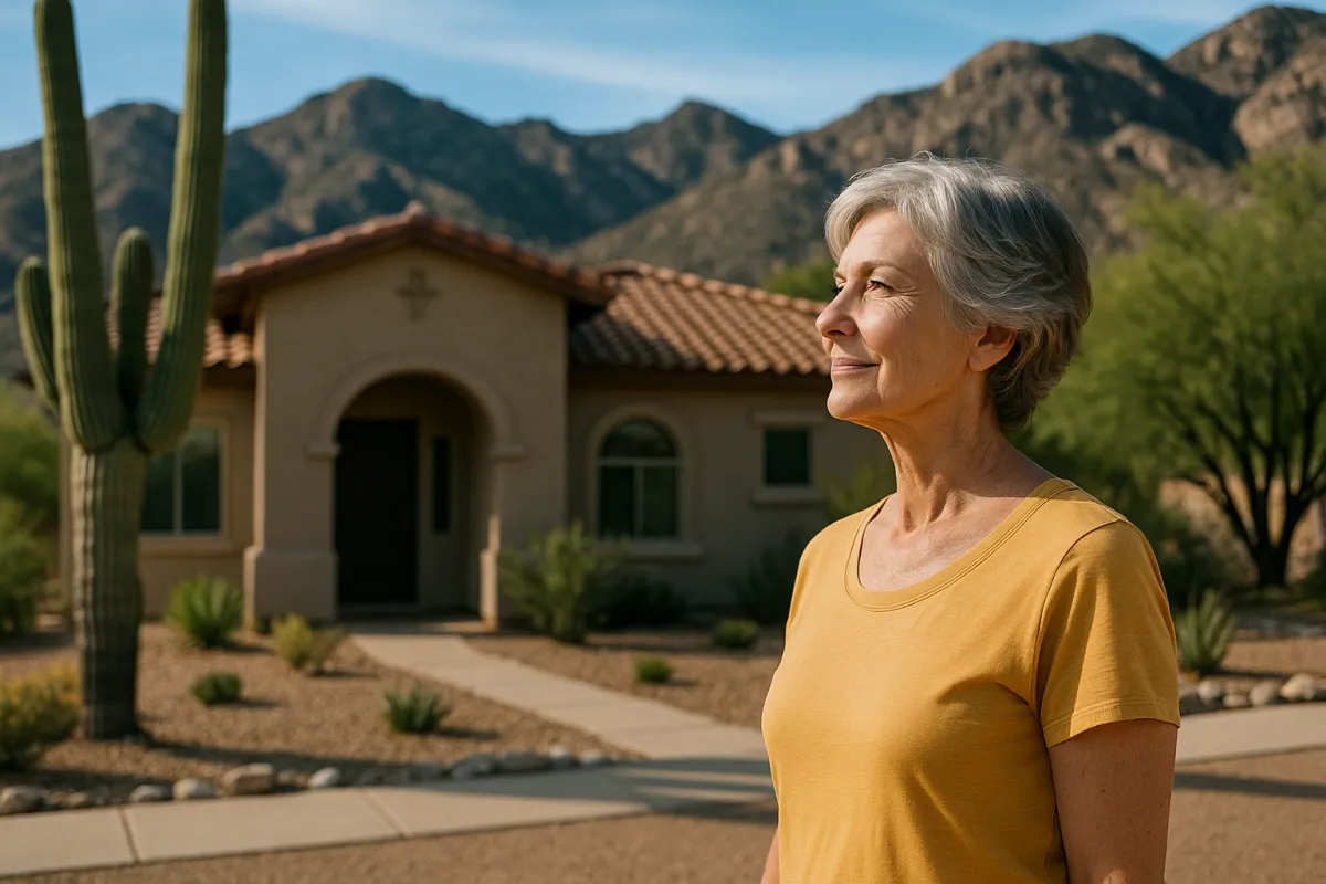 An older woman with short gray hair stands peacefully outside a Southwestern-style stucco home in Catalina, Arizona. She wears a mustard yellow shirt and smiles while looking into the distance. The desert landscape around her includes cactus plants, gravel, and a backdrop of the Catalina Mountains under a clear blue sky, capturing a calm and stress-free downsizing moment.
