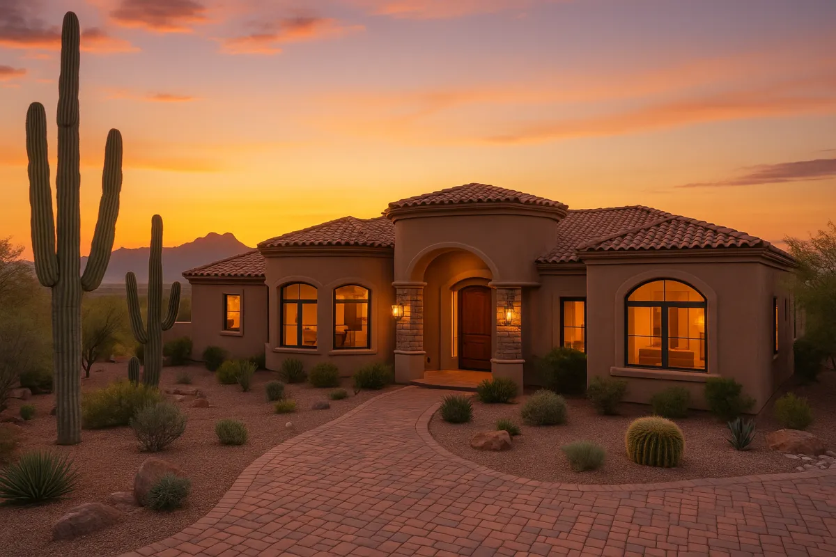 A luxury Southwestern-style home in Tucson, Arizona at sunset, featuring a curved driveway, terracotta roof tiles, stucco exterior, glowing interior lights, and desert landscaping with saguaro cacti and native plants in the foreground.