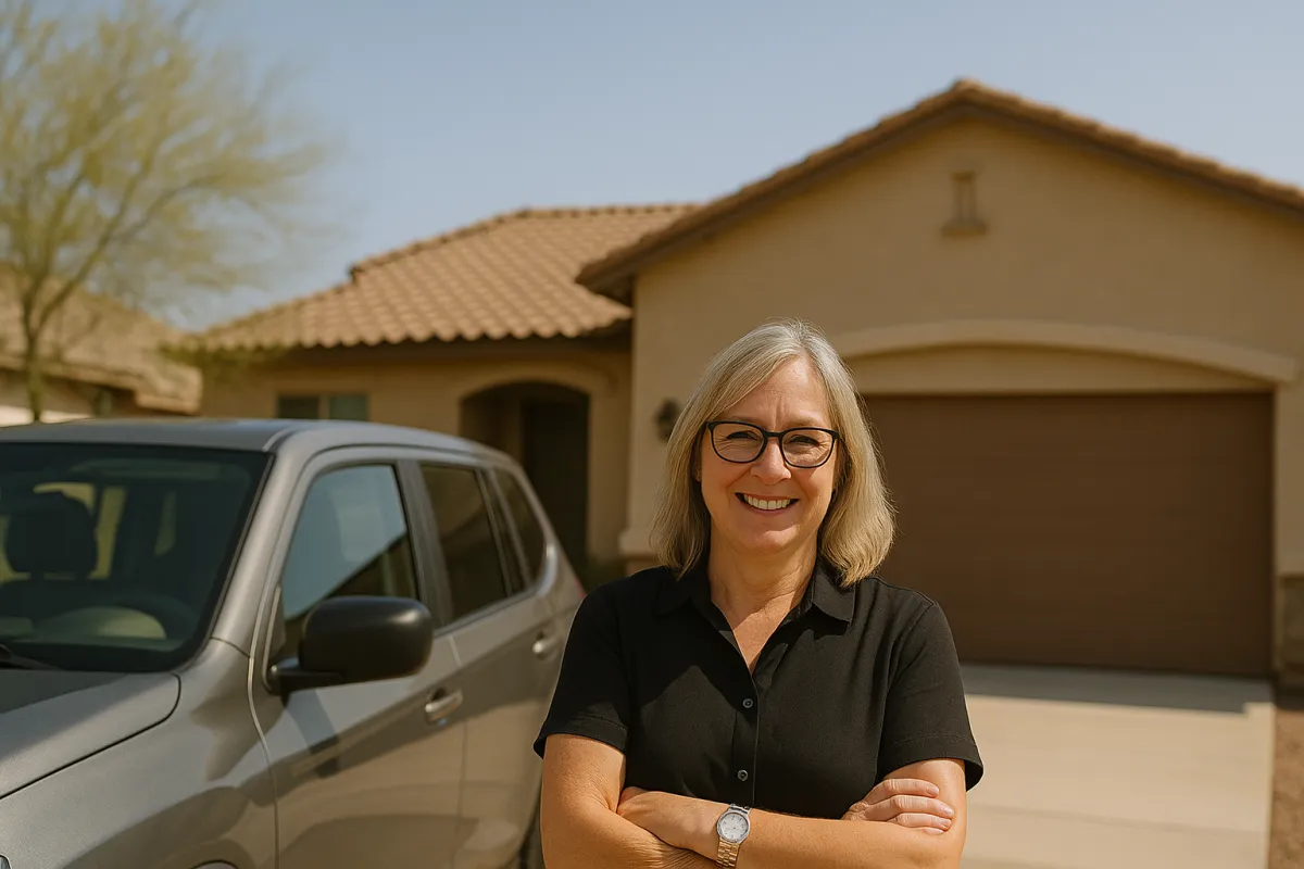 Smiling middle-aged woman with blonde hair and glasses stands confidently in front of a Southwestern-style home and silver SUV on a sunny day in Tucson, Arizona.