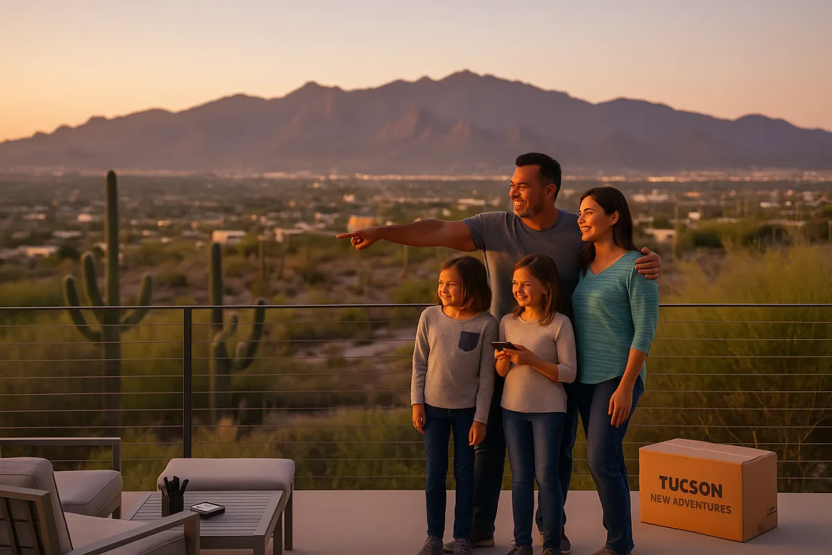A family of four stands together on a patio in Tucson at sunset, looking out toward desert cacti and mountains. The father points toward the view while the mother and two children smile beside him. A moving box labeled “Tucson New Adventures” sits nearby.