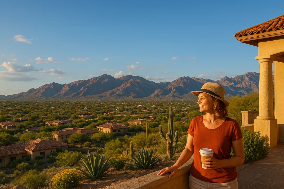 A woman wearing a straw hat and holding a coffee cup enjoys the sunset view from a patio overlooking desert homes, cacti, and the Santa Catalina Mountains near Tucson, Arizona.