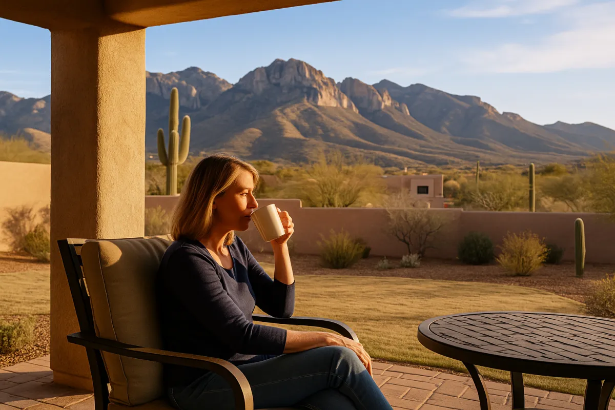 Middle-aged woman sitting on a patio in Tucson, Arizona, sipping coffee while gazing at the Catalina Mountains during golden hour, surrounded by desert landscaping and cacti.