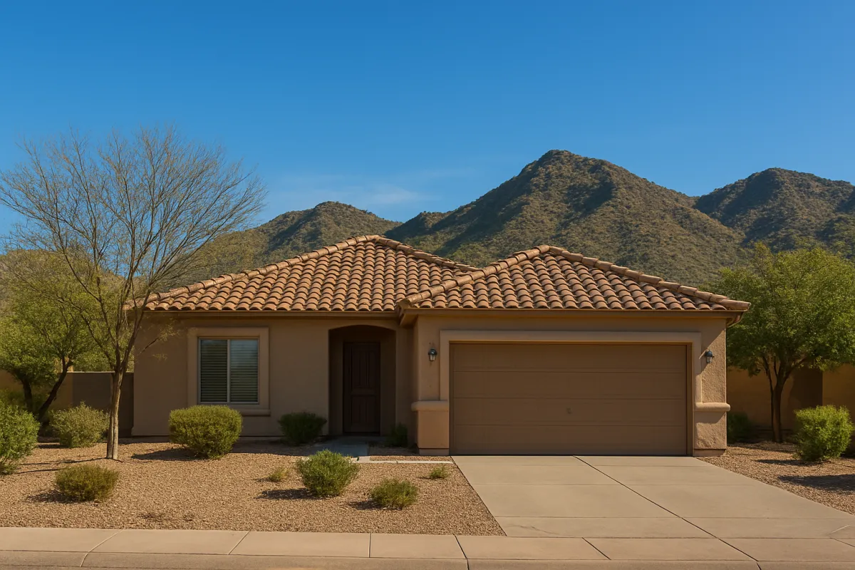 Single-story Southwestern-style home in Oracle Arizona with beige stucco walls, terracotta tile roof, desert landscaping, and mountain views under a clear blue sky.