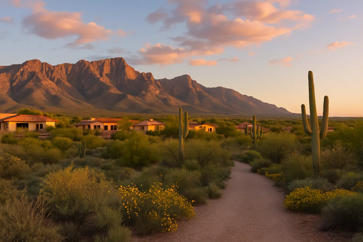 Scenic view of Catalina, Arizona at golden hour featuring desert trails lined with wildflowers, towering saguaro cacti, and the Santa Catalina Mountains in the background with residential homes nestled among desert greenery.