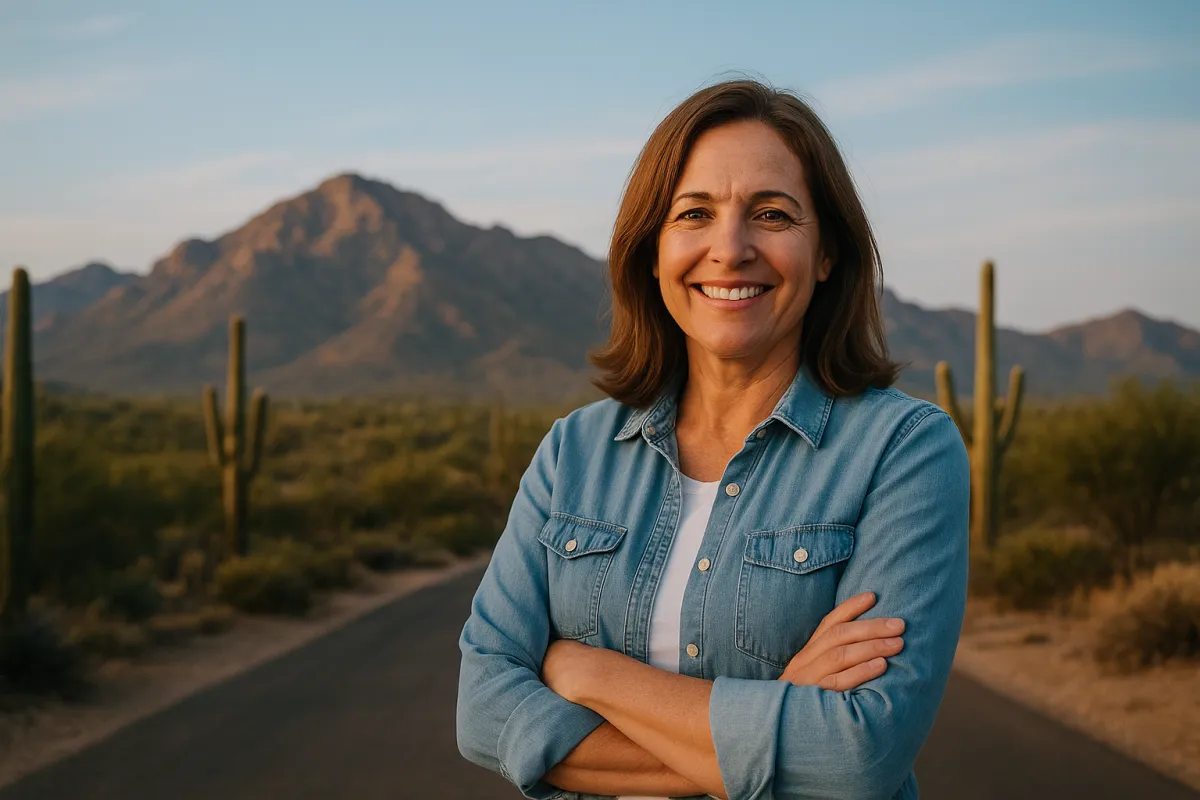 A smiling middle-aged woman stands confidently on a desert road in Tucson, Arizona, surrounded by tall saguaro cacti and golden sunlight with the Catalina Mountains in the background. She wears a light denim shirt and white top, capturing the relaxed, sun-filled desert lifestyle.
