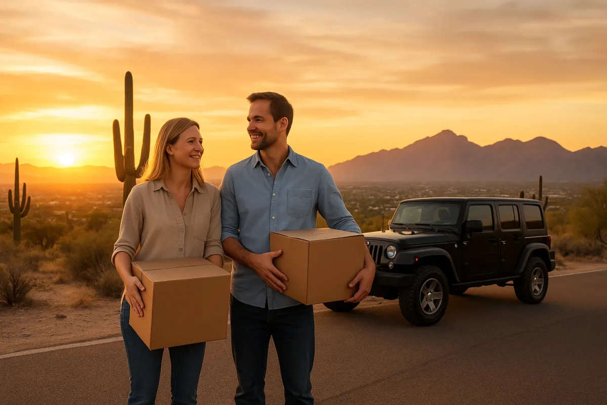 A smiling couple stands on a desert road near Tucson, Arizona, holding moving boxes as the sun sets behind the Catalina Mountains. A black Jeep is parked nearby, surrounded by tall saguaro cacti and golden desert light, symbolizing relocation and new beginnings in Southern Arizona.