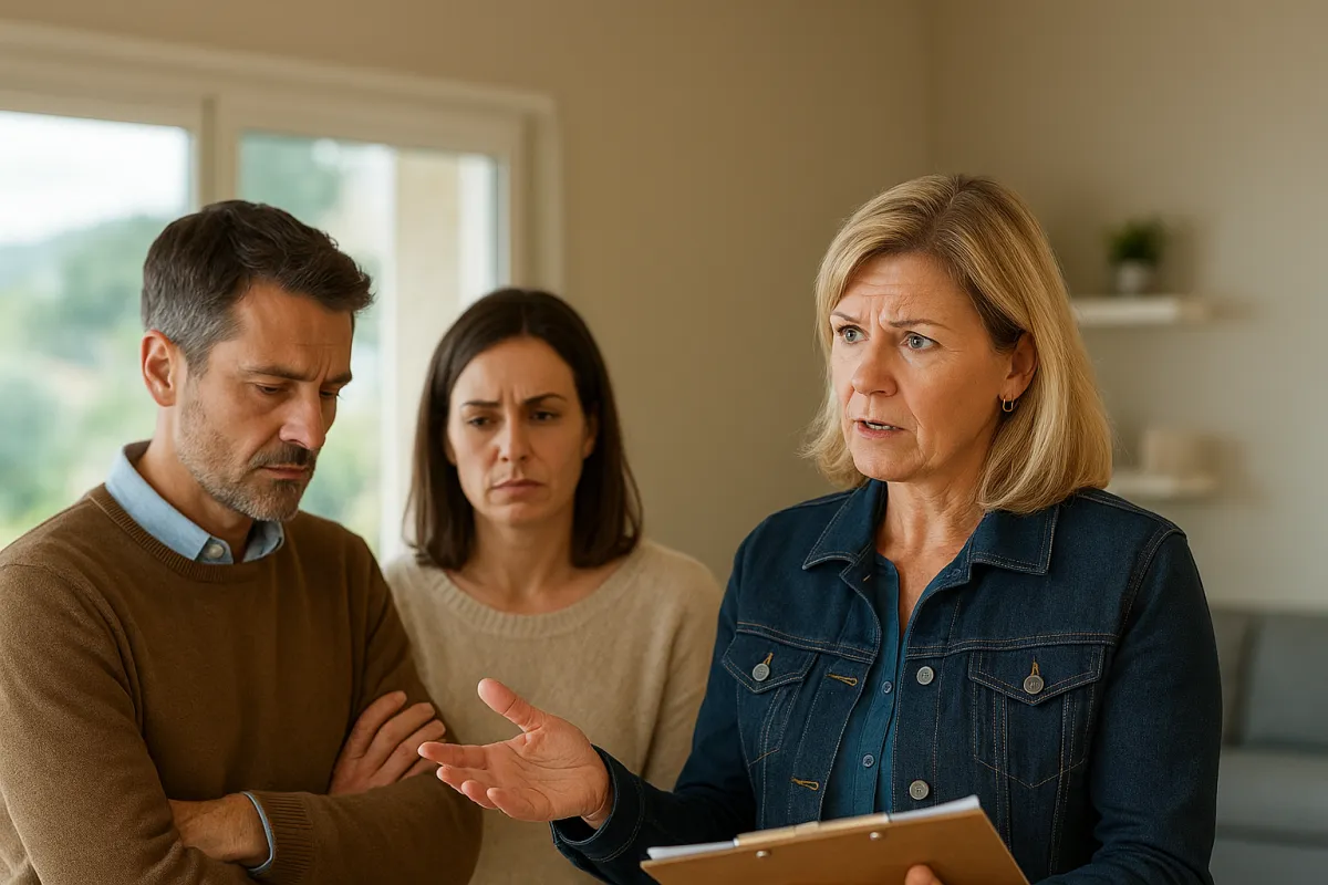 A concerned real estate agent with a clipboard speaks to a serious-looking divorcing couple in a modern, softly lit living room, conveying tension and decision-making during a home sale.