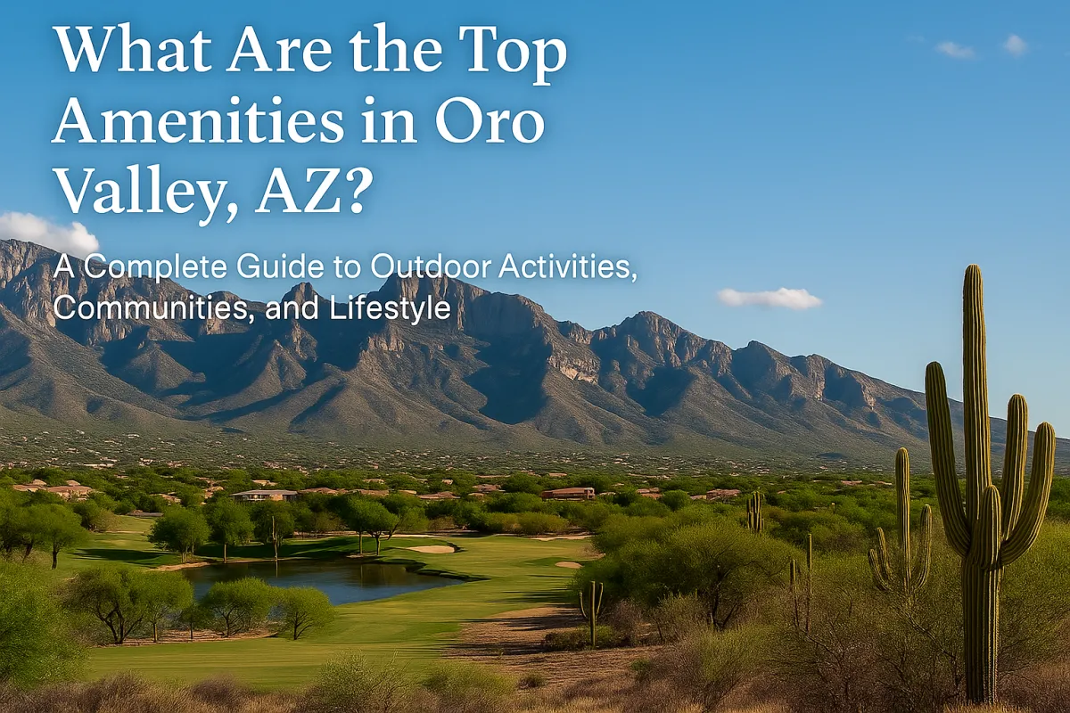 Scenic view of Oro Valley, Arizona featuring the Santa Catalina Mountains under a clear blue sky. The image shows a lush golf course, desert vegetation with saguaro cacti, and adobe-style homes in the distance—capturing the region’s outdoor lifestyle and mountain beauty.