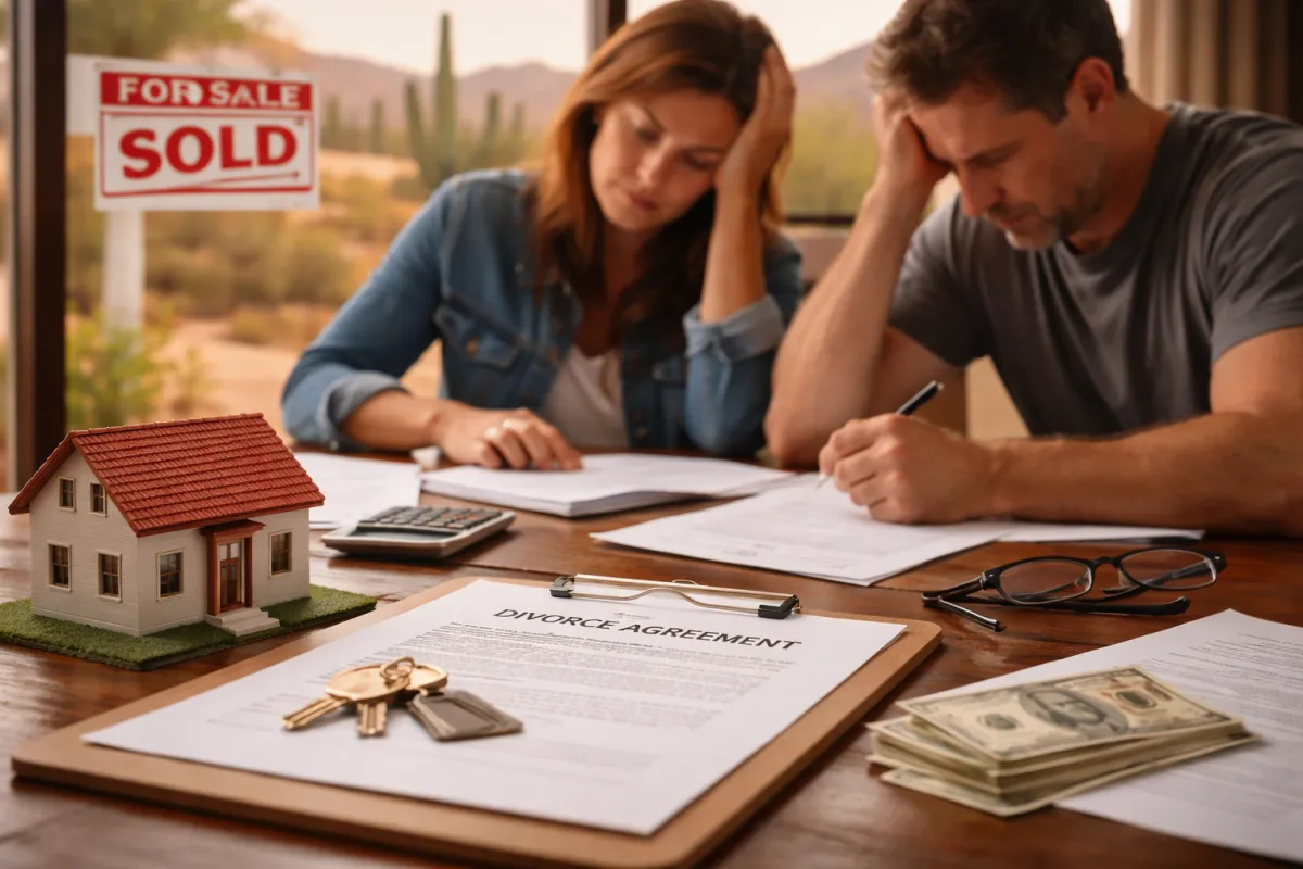 Couple in Arizona signing divorce and home sale documents at a table with house model, keys, and paperwork, representing selling a home during divorce in Arizona.