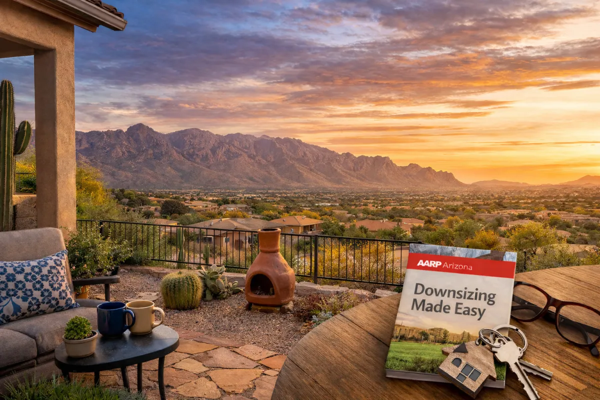 Oro Valley backyard patio at sunset with mountain views and downsizing guidebook on table.