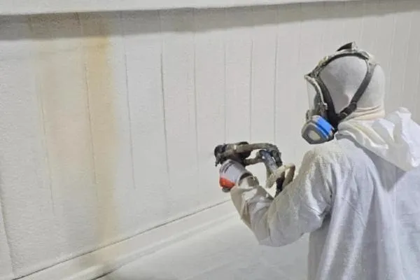Technician applying open cell spray foam insulation to wall framing for superior R-value and energy efficiency
