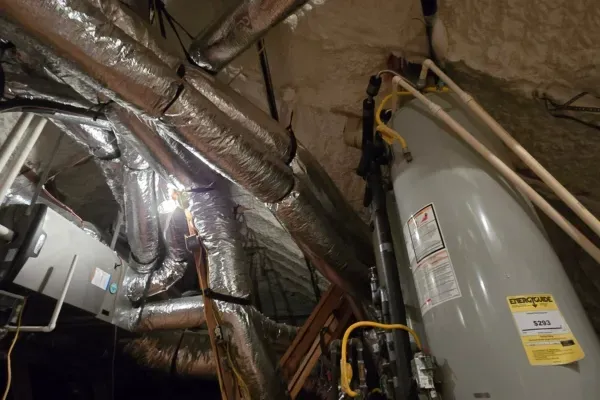 Attic with spray foam insulation, HVAC ducts, and water heater improving home energy efficiency.