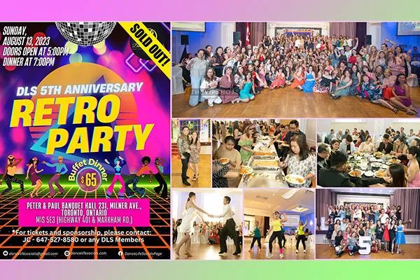 DanceLifeSocials Retro Party 2023 – DLS members in funky retro outfits dancing and celebrating the 5th Anniversary at Peter & Paul Banquet Hall in Toronto