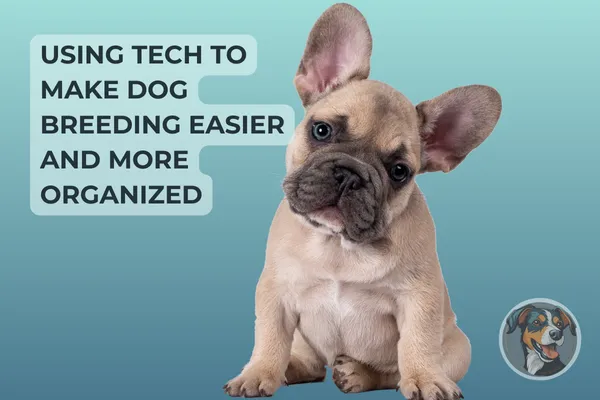 Cute French Bulldog puppy sitting in front of a teal gradient background with text that reads: 'Using tech to make dog breeding easier and more organized' and a cartoon dog logo in the corner.