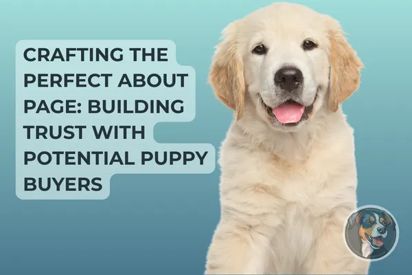 Smiling golden retriever puppy sitting next to text that reads 'Crafting the Perfect About Page: Building Trust with Potential Puppy Buyers' on a teal gradient background with a cartoon dog logo in the corner.