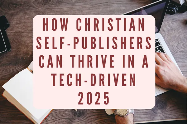 Flat-style illustration of an open book at center, its glowing pages connected by lines to icons for email, a community group, a webinar screen, a cross, an AI brain, and crowdfunding, symbolizing tech-driven Christian self-publishing.