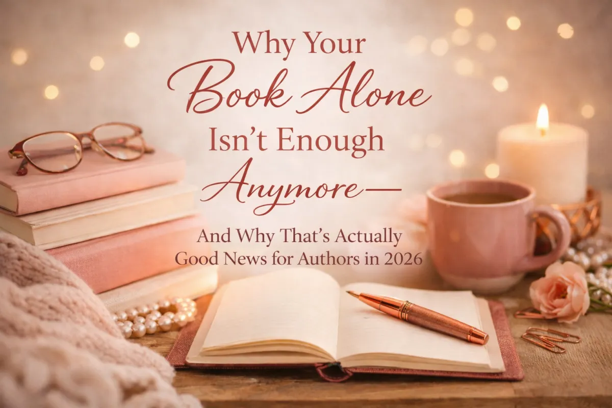 “Cozy blog cover image in blush, ruby, and rose gold tones with stacked books, a notebook, and warm lighting, titled ‘Why Your Book Alone Isn’t Enough Anymore—and Why That’s Good News for Authors in 2026.’”