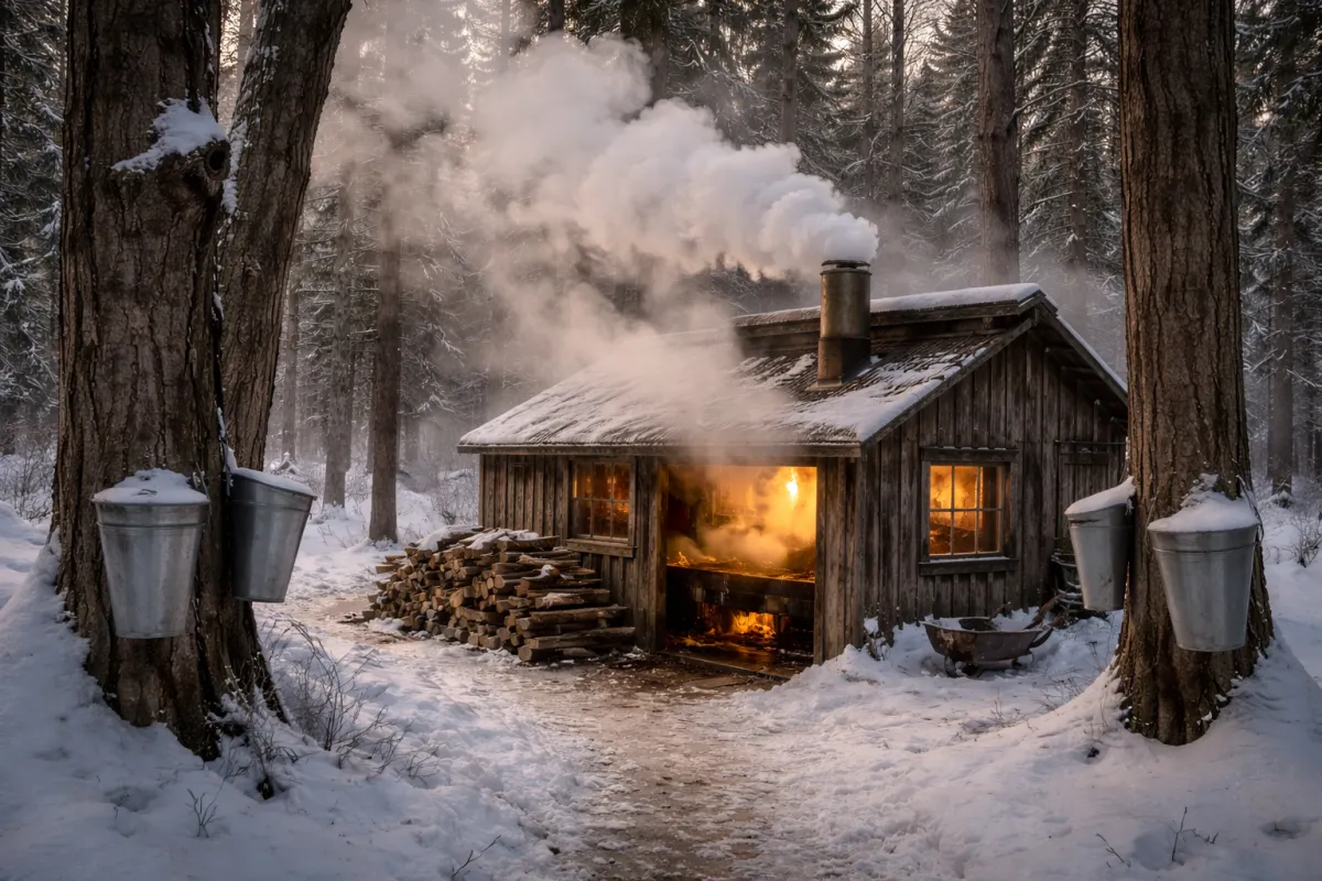 Snowy sugar shack cabin in the woods at dusk