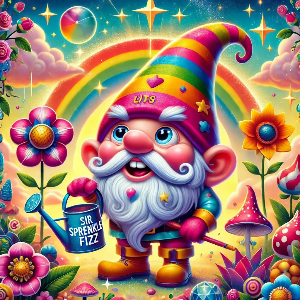 This is a vibrant illustration of Sir Sprinkle Fizz (Sally's Gnome)
