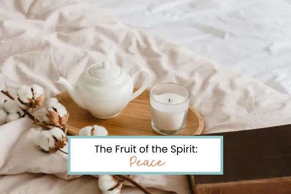tea kettle and a candle on a tray with a book on a bed