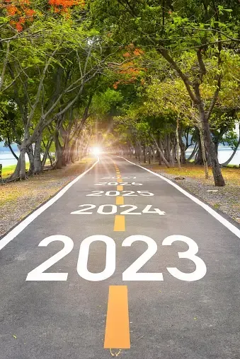 Road ahead embraced by trees, featuring 2023, 2024, etc. inscribed on the path, symbolizing the journey of personal vision.