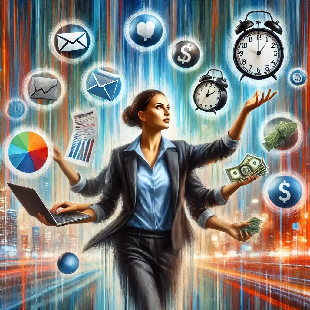 A painting of a woman juggling various business icons, including email, graphs, a clock, and money, with a determined expression in a vibrant abstract office setting.