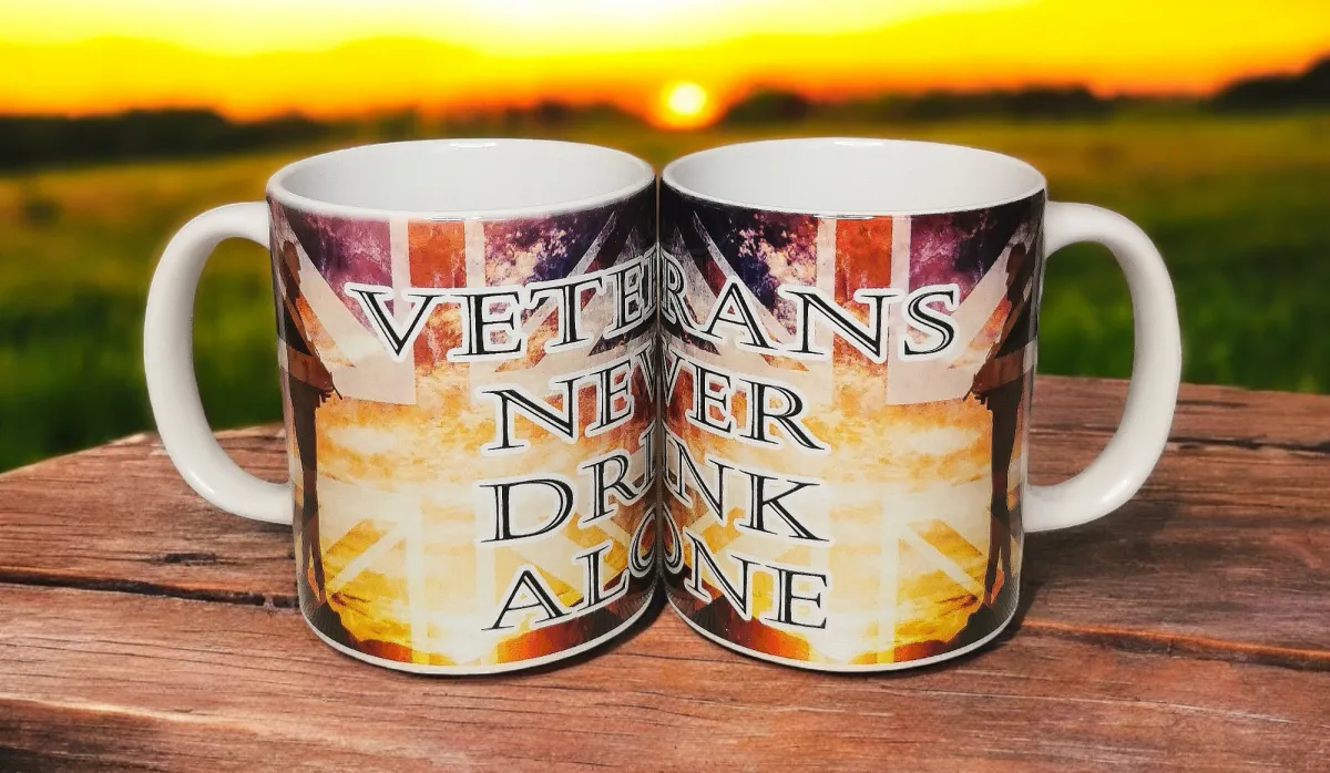 Two white mugs with the text "Veterans Never Drink Alone" and a Union Jack design.