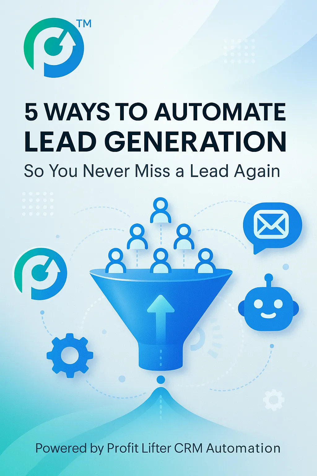 Graphic showing automated lead generation workflow with connected icons, arrows, and the Profit Lifter logo, symbolizing CRM automation and business growth.
