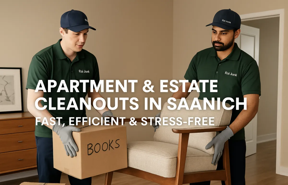 Rai Junk workers performing an estate cleanout in Saanich, lifting furniture and boxes, with bold overlay text reading "Apartment & Estate Cleanouts in Saanich – Fast, Efficient & Stress-Free"