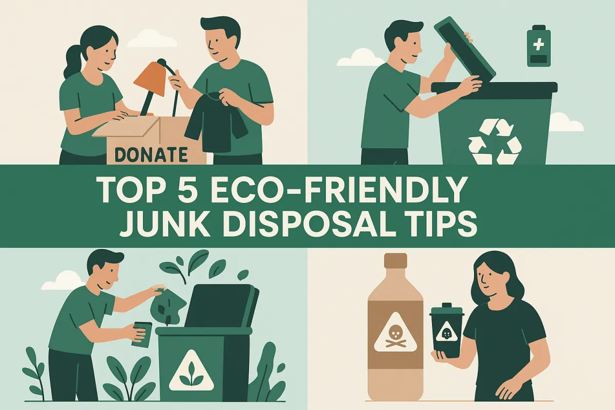 A flat-style digital illustration showing four eco-friendly junk disposal methods: donation, recycling, composting, and green junk removal services, with clean, minimalist visuals representing sustainability in Greater Victoria.