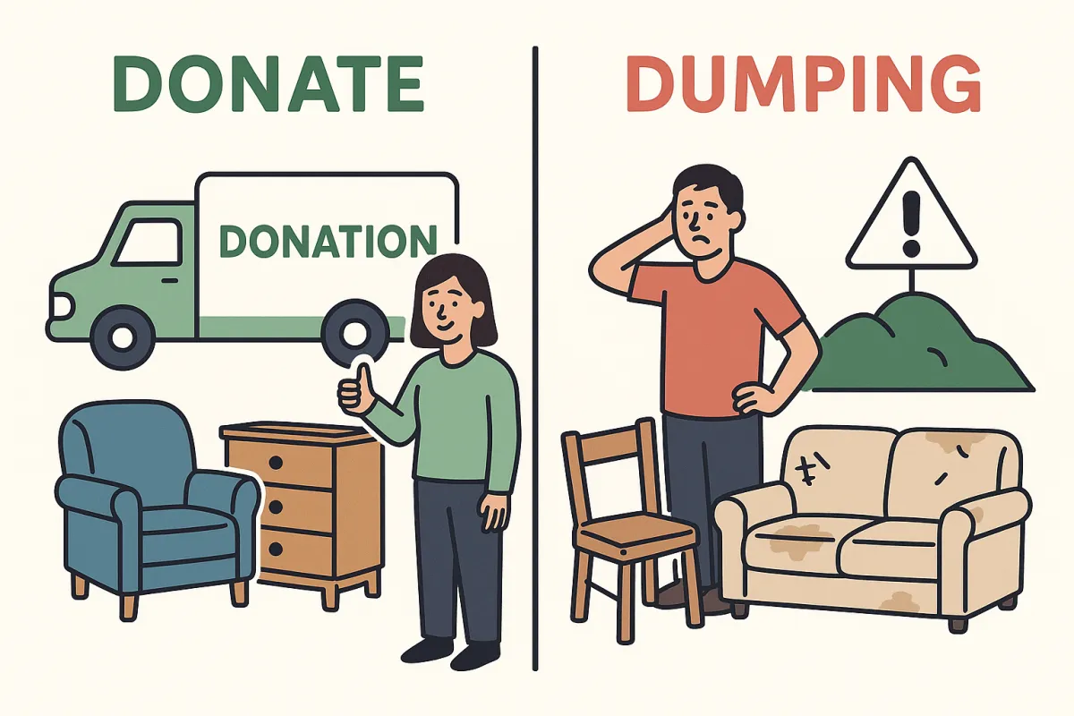 A flat-style digital illustration divided into two scenes: one showing furniture donation to a local charity and the other showing old furniture being hauled away for disposal.