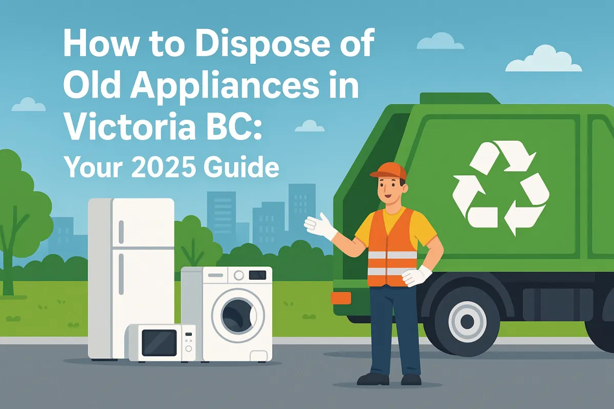 Old appliance disposal in Victoria BC with recycling truck and worker – 2025 guide by Rai Junk for eco-friendly fridge, washer, and microwave removal services