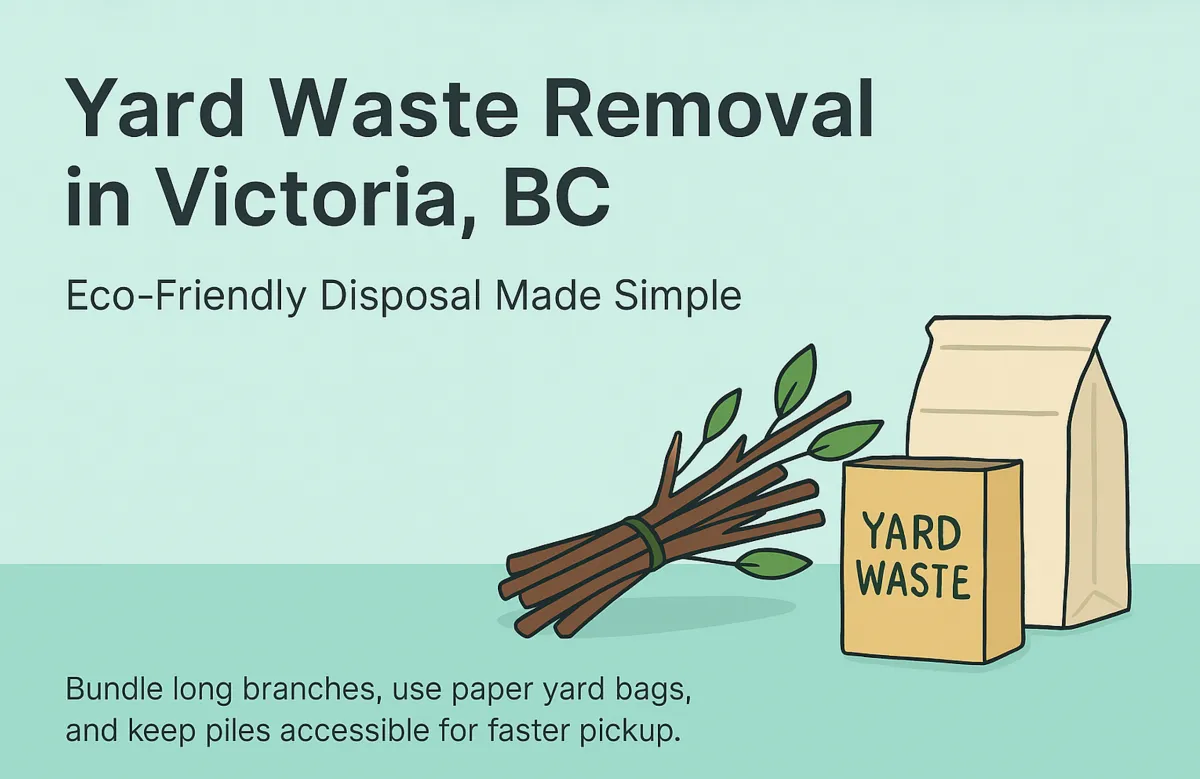 Illustrated cover image showing eco-friendly yard waste removal in Victoria, BC, with workers loading leaves, branches, and garden debris into bins for sustainable disposal.