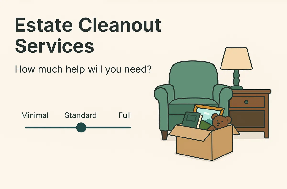 Illustrated cover image of a professional estate cleanout service in Victoria, BC, with a removal team assisting a family in organizing furniture, boxes, and household items.
