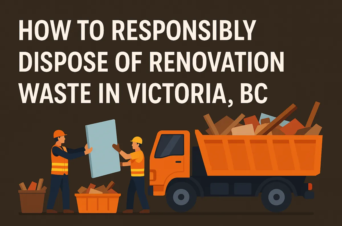 Flat-style illustration of home renovation waste disposal in Victoria, BC, showing workers sorting wood, drywall, and debris into recycling and junk bins with eco-friendly design.