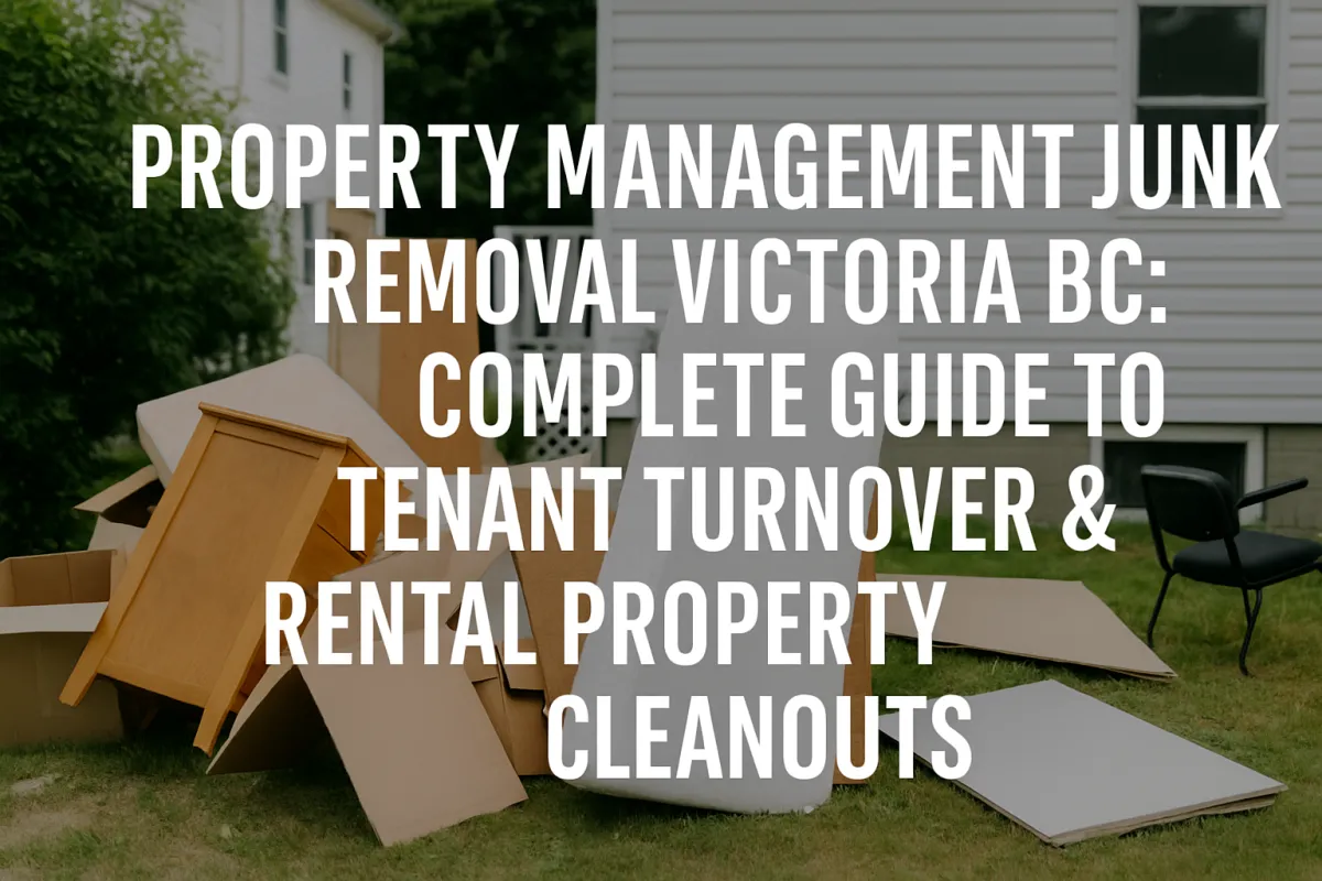 ile of discarded furniture, mattress, and cardboard outside a rental property in Victoria, BC, with bold text overlay about property management junk removal.